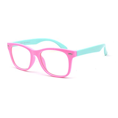 JUSLINK Blue Light Glasses for Kids, Flexible Computer Blue Light Blocking Glasses for Boys and Girls Age 4-13(Pink-green)