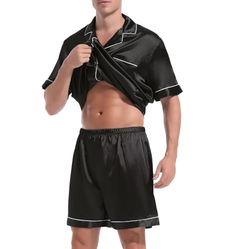 Guriyzee Couple Pajamas Set Satin Short Sleeve Sleepwear 2 Pcs Button Down Pjs Loungewear Men Black XX-Large — view 4