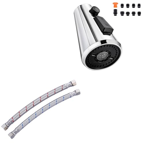 Pull Down Spray Head for Kitchen Faucet,3-Function Sink Spray Nozzle with 9 Adapters + Faucet Supply Lines,9 Inch Faucet Hose Connector 3/8" to 3/8"