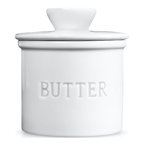 PriorityChef Butter Crock with Lid with Water Line,Ceramic French Butter Dish to Leave On Counter, White