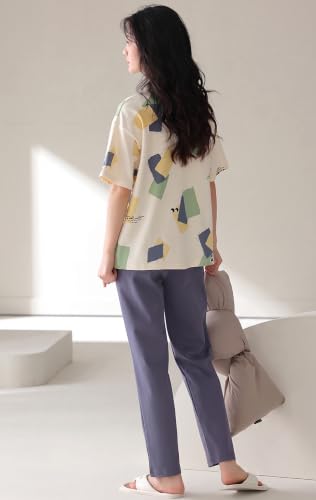 Image of GLASGO Women's Cotton Pajama Set with Top & Pants|| Korean Night Wear|| Loose Fit Home Wear || Lightweight Printed Set || Soft & Comfy Sleepwear for Girls & Women || LNS-4-$