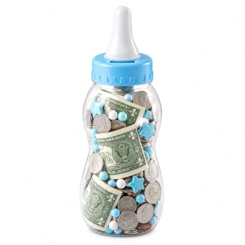 Homoyoyo Jumbo 11 Inch Baby Bottle Piggy Bank for Kids Large Clear Plastic Money Jar Candy Container Coin Bank Gifts for Baby Shower Games Table Centerpiece Nursery Decor Kids Birthday Blue