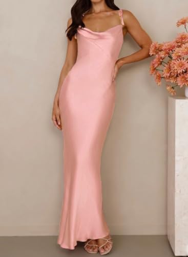 Image of 2026 Satin Cowl Neck Spaghetti Strap Maxi Dress for Women Bridesmaid | Silk,Tie Strap,Slip,Slit,Midi,Wedding Guest,Graduation,Elegant,Cocktail,Vacation,Party