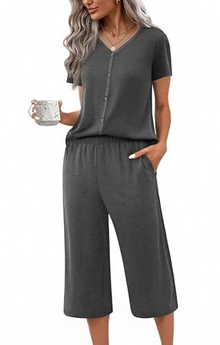 Image of Ekouaer Women's Pajama Sets Short Sleeve Sleepwear Button Up Pj Loungewear Top and Capri Pants with Pockets