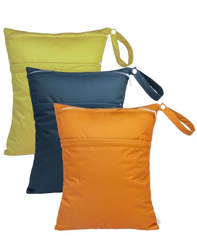 Image of babygoal Wet Dry Bags 3 Pack for Baby Cloth Diapers, Washable Travel Bags, Beach, Pool, Gym Bag for Swimsuits & Wet Clothes with Two Zippered Pockets 3LN29
