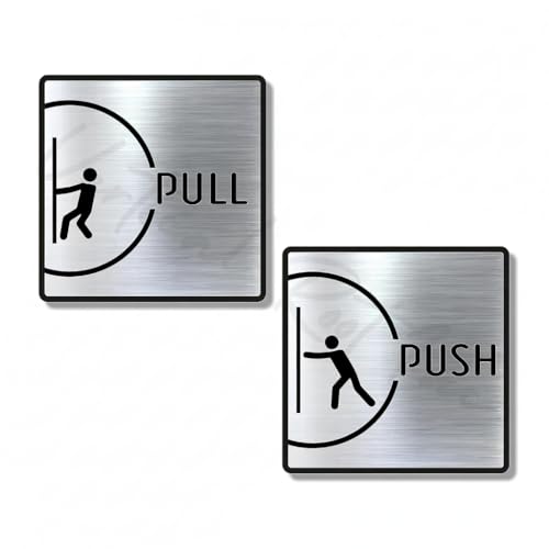 Image of PUSH PULL Brushed Silver Black Room Sign 6 INCH * 6 INCH Self-Adhesive Sign for Business Office Corporate Hotel Company Factory Club Commercial Malls.
