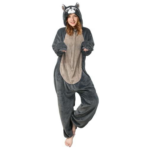 OLAOLA Onesie für Erwachsene Waschbär Tierkostüm Jumpsuit Damen Herren Kuschelig Einteiler Schlafanzug Unisex Onesies Karneval Weihnachten Halloween Cosplay Pyjamas