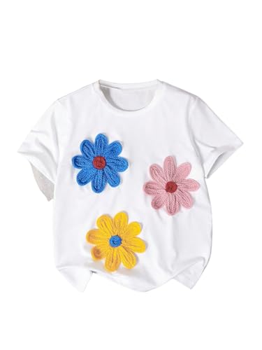 SHENHE Girl's Summer Crochet Flower Patched Top Crew Neck Short Sleeve Cute Tee Shirt