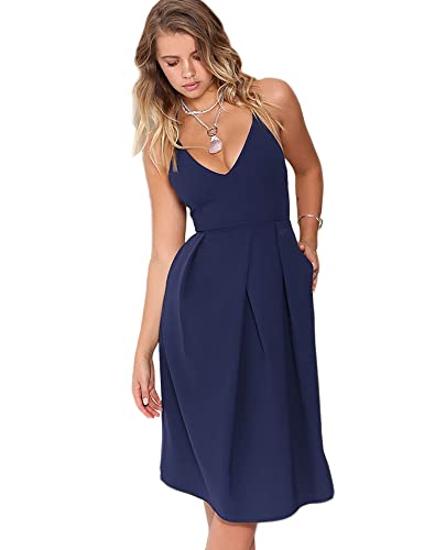 Image of Women's Deep V Neck Adjustable Spaghetti Straps Summer Dress Sleeveless Sexy Backless Party Dresses with Pockets