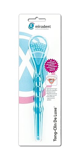 miradent Tong-Clin De Luxe - Limpiador lingual azul transparente, 1 unidad, para la eliminación suave de revestimientos de lengua y mal aliento, cerdas cortas, extraplano, función de raspado cóncavo