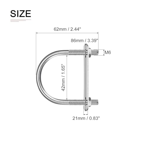 Image of DTGN M6x42x62mm(ThreadxWxL) Round U Bolt - 3Pack - Good for Trailer Pipe Replacement Parts - 304 Stainless Steel U Shape Bolts