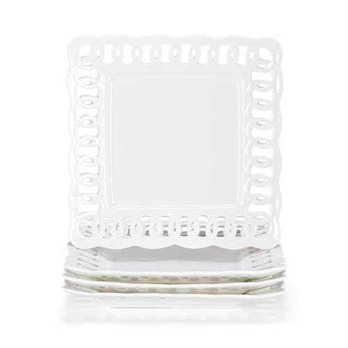 Image of Ceramic Square Dinner Plates, 11 inch Square Serving Plate Set of 4 for Steak Pasta Salad Snacks Pizza Appetizer, New Bone Porcelain Plates with Lace Rim, Party Wedding Birthday Christmas Gift, White