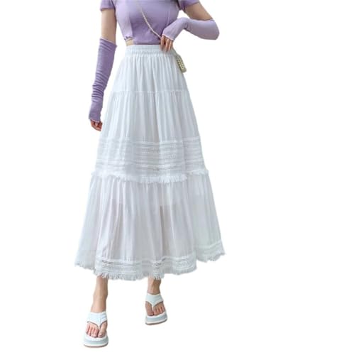 Women High Waisted Lace Patchwork Midi Skirt High Waist Tassel Solid A-Line Pleated Skirts