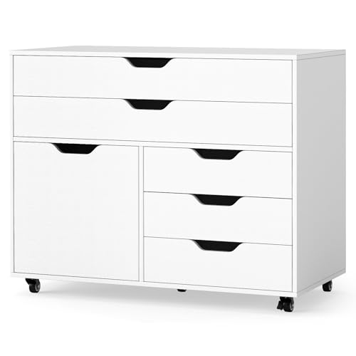IFANNY File Cabinet, White Filing Cabinet w/Universal Wheels, Wood Printer Stand w/Storage, Rolling File Cabinets for Home Office, Living Dining Room (White, 2 Large Drawers & 3 Small Drawers)