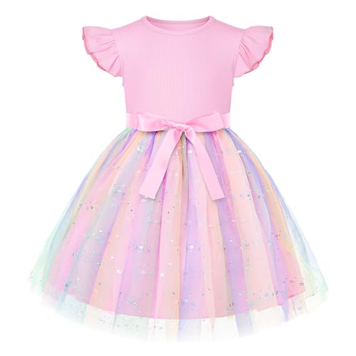 Cubear Toddler Tutu Dress Girls Tulle Party Princess Dress Embroidered Waist Ribbon Skirt Summer Birthday Outfit 3-8Y Pink
