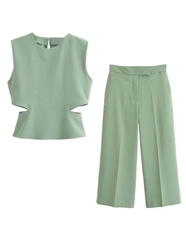 Conjunto de 2 piezas de pantalones largos color verde claro para mujer, camiseta corta sin mangas, conjunto de dos piezas para mujer, conjunto de color verde claro, talla M, verde claro, M