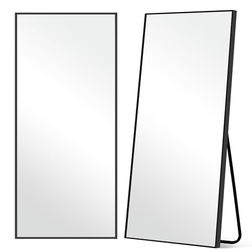 ミルオ君の鏡工房 全身鏡 姿見鏡 アルミフレーム 直角 全身ミラー 飛散防止 壁掛け 立て掛け スタンドミラー すがた鏡 全身 180x80cm ブラック