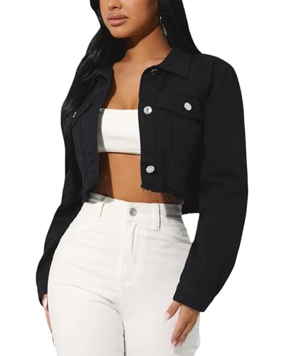 GarRela Women's Cropped Jean Jacket Long Sleeve Crop Top Denim Coats