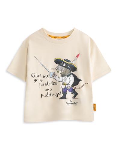 Gruffalo The Highway Rat Kids Beige Graphic Tee | Short Sleeve Crew Neck Top with Pirate Rat Character Print | Give Me Your Pastries Cartoon Illustration Merch