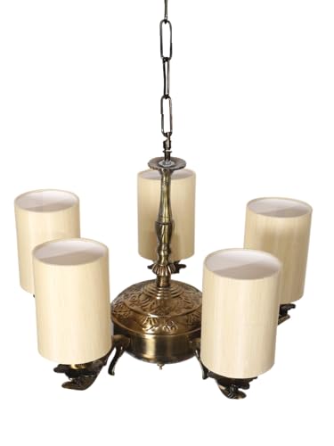 Image of Devansh 05 Lights Round Off-White Cotton Shade with Antique Golden Chandelier
