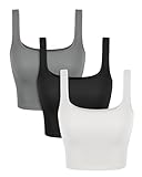 ODODOS 3-Pack Seamless Square Neck Crop Tank for Women Ribbed Knit Soft Low Back Cropped Tops, Long Crop Length, White+Black+Gray, Medium/Large