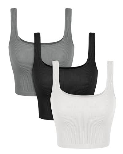 Image of ODODOS 3-Pack Seamless Square Neck Crop Tank for Women Ribbed Knit Soft Low Back Cropped Tops