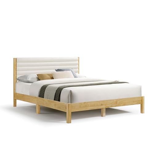 Homes: Inside + Out Evadne Modern Boucle Queen Platform Bed Frame with Horizontal Channel Tufted Headboard and Solid Wood Slats, No Box Spring Needed for Bedroom, Guest Room, White