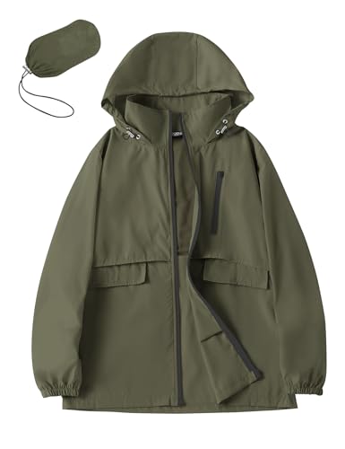 Avoogue Lightweight Walking Raincoat Women Waterproof Windbreaker Packable Biking Hooded Rain Shell (Army Green, L)