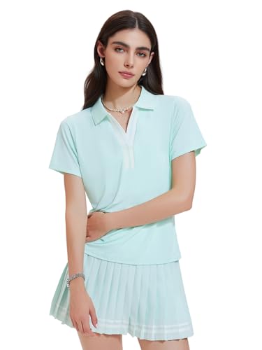 Women 2 Piece Tennis Skirt Set Pleated Golf Outfit, Polo V-Neck Athletic Dress Alternative Skort Set For Pickleball Pockets Mint Green
