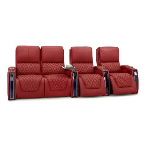 Image of Seatcraft Apex Red Italian Leather Home Theater Seating, Zero Gravity Power Recliner Chair, Powered Headrest and Lumbar Gaming and Lounge Sofa Furniture for Cinema Room, Row of 4 Left Loveseats