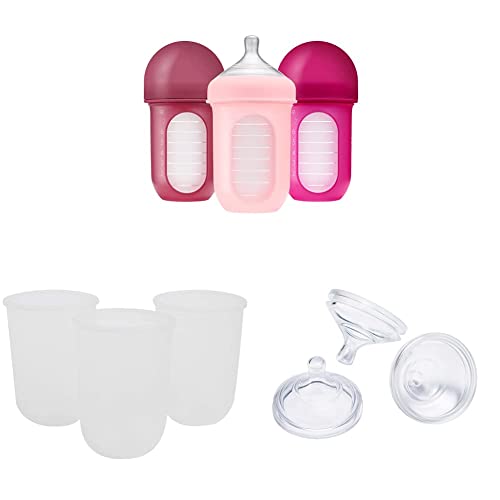 Image of Boon Nursh Silicone Baby Bottles with Pouches and Replacement Nipples Bundle - 3 Bottles, 3 Pouches, 3 Nipples