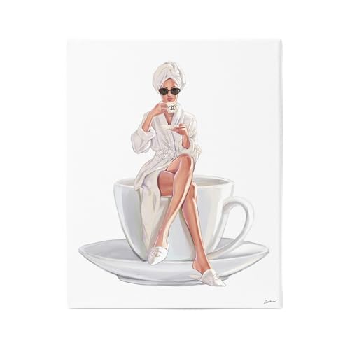 Stupell Industries Chic Woman Robe Coffee Cup Designer Logo Sunglasses, Design by Ziwei Li