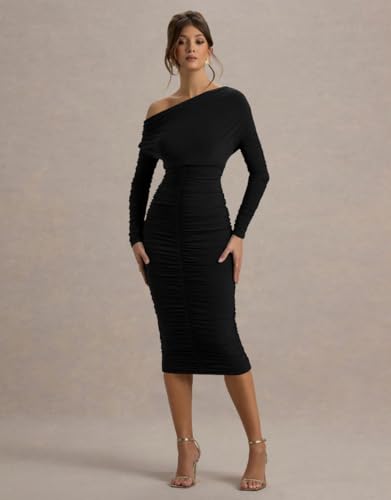LAGSHIAN Women's Elegant Bodycon Long Sleeve Midi Dress Fall Off The Shoulder Ruched Cocktail Party Dresses2