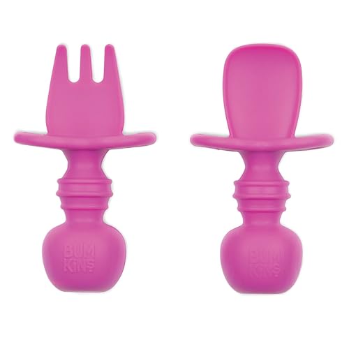Image of Bumkins Baby Utensils Set, Chewtensils Silicone Spoons for Dipping, Self-Feeding, Baby Led Weaning, Trainer Learning, First Stage Eating, Soft Practice Fork and Spoon, Babies 6 Months, Fuchsia