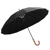 長傘 16本骨 ジャンプ傘 無地 丈夫 シンプル 日傘 超撥水 大型 メンズ レディース 大人 木製ハンドル 大型 耐風 梅雨 台風対応 (ブラック)
