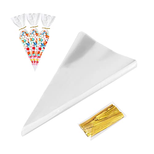 AZWOOD Bolsas de caramelo, Bolsas Plastico de Regalo, 100 unidades Bolsas Transparente con 100 cintas de sobra, bolsas celofán para dulces, chocolate, galletas, palomitas de maíz (25 x 13 cm）