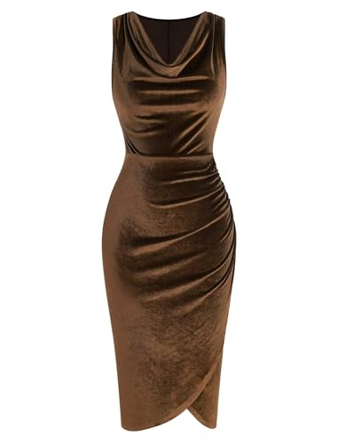 ZAFUL Women Velvet Dress Sleeveless Cowl Neck Ruched Bodycon Sheath Dress Midi Slit Wedding Guest Dresses Formal Cocktail Party Dresses(Brown,S)