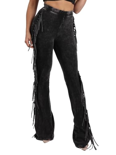 KANSOON Fringe Pants for Women High Waisted Flare Leggings Black