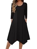 Zeagoo Casual Black Midi Dress 3/4 Sleeve Dress for Women A Line Fall Below Knee Dresses Elegant Flowy Tunic Dresses with Pockets Vestidos Casuales para Mujer Black