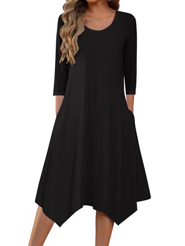Zeagoo Midi 3/4 Sleeve Dress Business Casual Funeral Dresses 2025 Elegant Formal Dresses Aline Wedding Flowy Dress with Pockets Plus Vestidos Casuales para Mujer Black