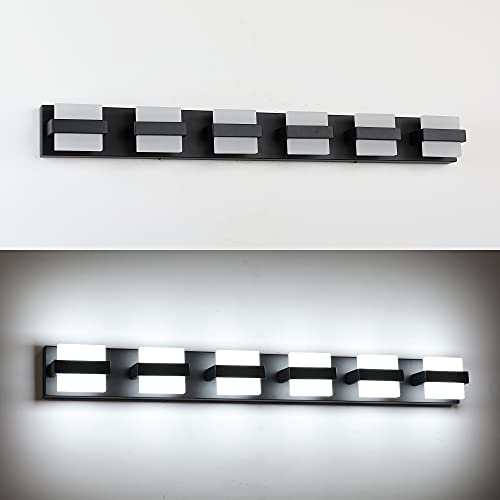 Image of SOLFART 6 Lights Black Vanity Light LED Bathroom Modern Vanity Lights Over Mirror Black Bathroom Light Fixtures 41 inch White Light Dimmable