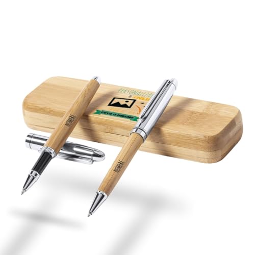 DEREGALOOS Estuche de Bolígrafos Personalizados de madera. Bolígrafos de Bambú con Nombre y Estuche. Regalo original personalizado. Regalo empresas. Regalo Día del Padre.