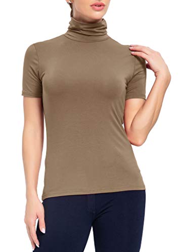 Image of AUHEGN Women's Long Sleeve Short Sleeve Lightweight Turtleneck Top Slim Fit Pullover T-Shirt (S-XXL)