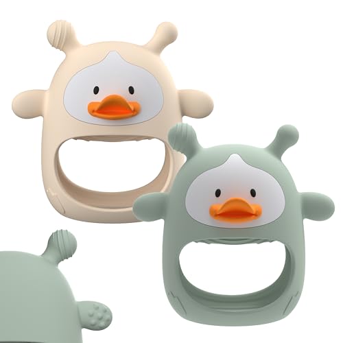 Image of 2 Packs Baby Teething Toys for 3-6 6-12 Months, Food Grade Silicone Teething Mitten, Anti Dropping Wrist Hand Teethers, Never Drop Baby Chew Toys for Sucking Needs, BPA Free (Nude & Green)