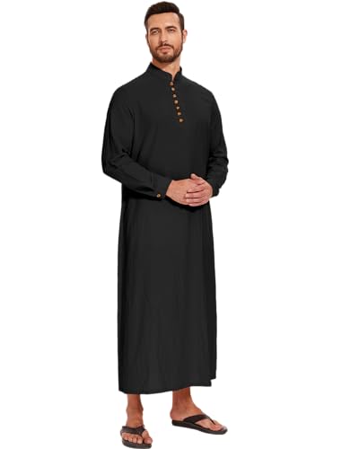 LVCBL Thobe for Men Long Sleeve Kaftan Muslim Thobe Button Down Long Gown Caftan with Pockets4