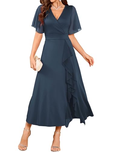 ZAFUL Navy Blue Wedding Guest Semi Formal Dresses for Women V Neck Wrap Split Ruffle Evening Dress Party Long Gown 2025