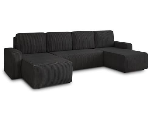 Sofnet Wohnlandschaft mit Schlaffunktion Roma - U-Form Couch, Schlafsofa mit Bettkasten, Couchgranitur mit Bettfunktion, Big Sofa, Cord Stoff (Schwarz (Poso 135))