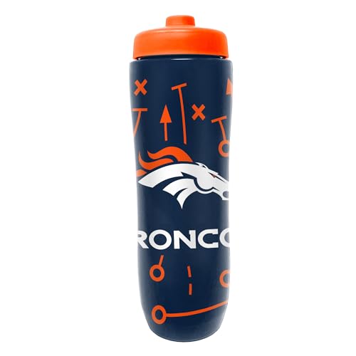 Image of Party Animal NFL Football Squeeze Bottle, 32 oz, Denver Broncos | Slim, lightweight BPA-free sports water bottle with quick-flow squeeze; fits backpacks & cup holders for kids or adults
