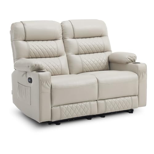 MCombo 56.3" Power Loveseat Recliner Sofa with Heat and Vibration, Cup Holders, USB Charge Port, Faux Leather Electric Reclining Sofa PR622Sets (Light Grey, Loveseat)