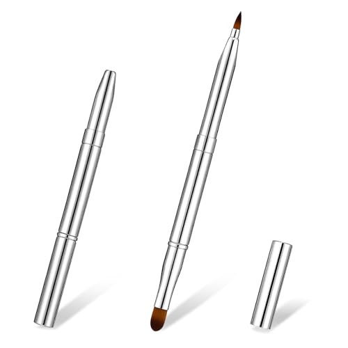 HJZHII Lot de 2 pinceaux à lèvres rétractables à double extrémité avec capuchon pour rouge à lèvres, gloss et fard à paupières (argenté)